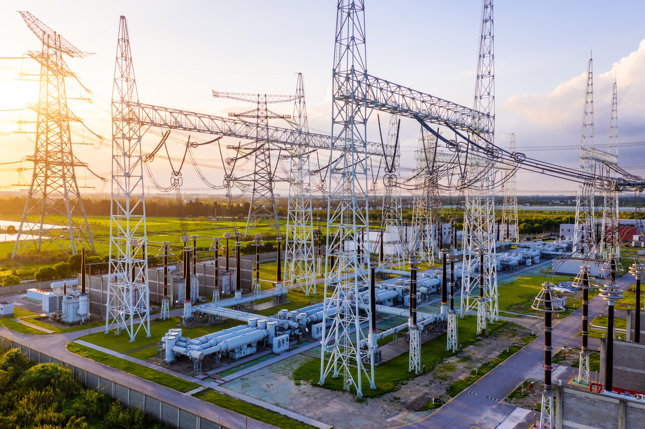 Aerial view of a high-voltage substation.